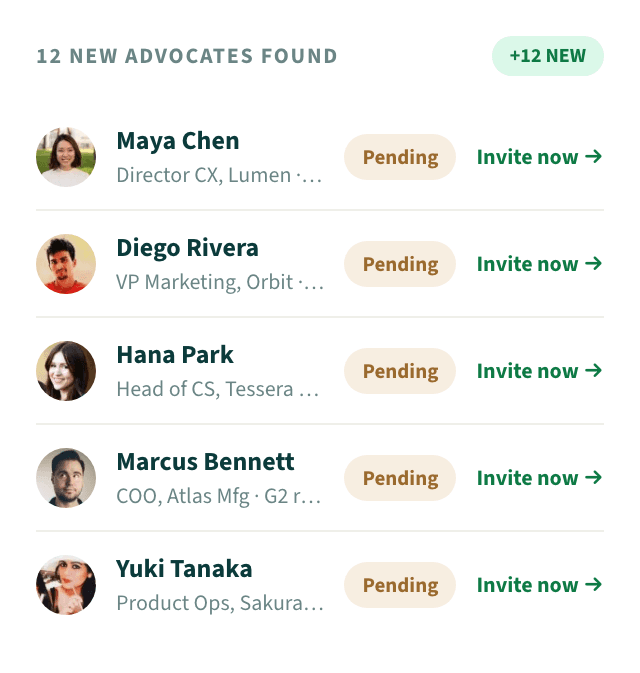 12 new advocates found, matched from customer signals