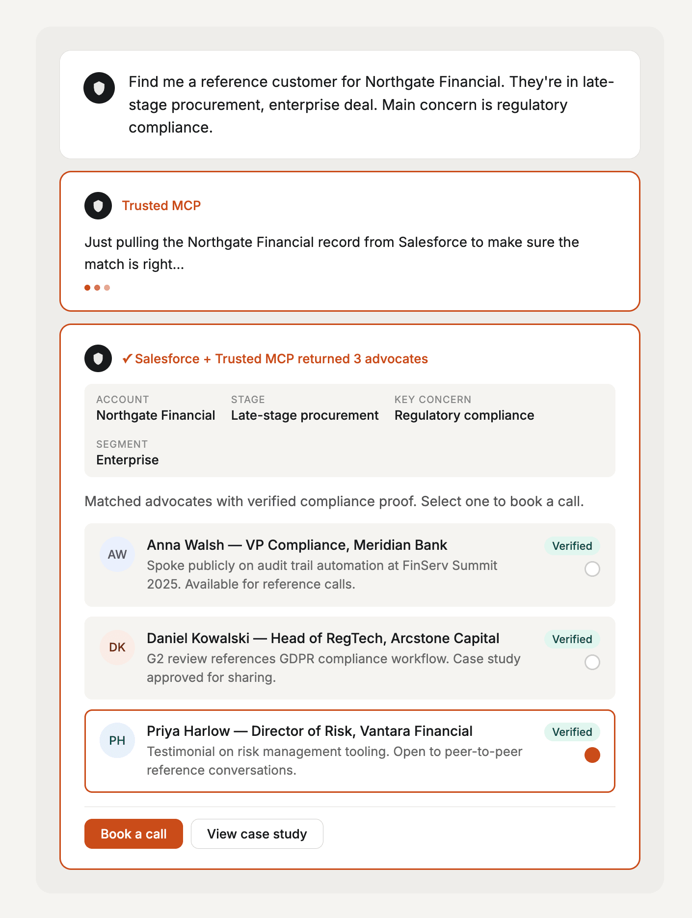 Reference customer matched via Trusted MCP inside an AI assistant