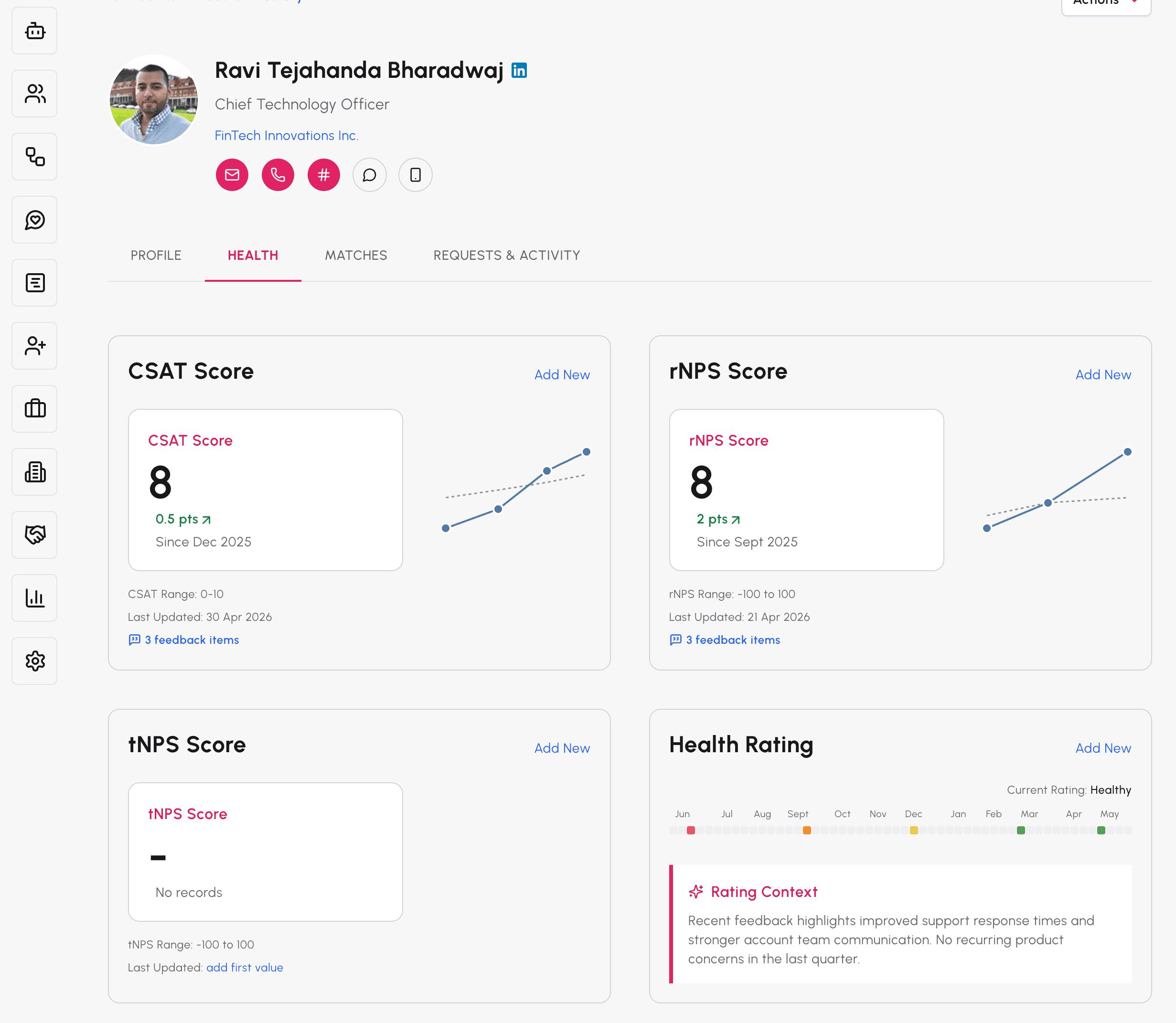 Advocate profile showing CSAT, rNPS, tNPS scores and health rating