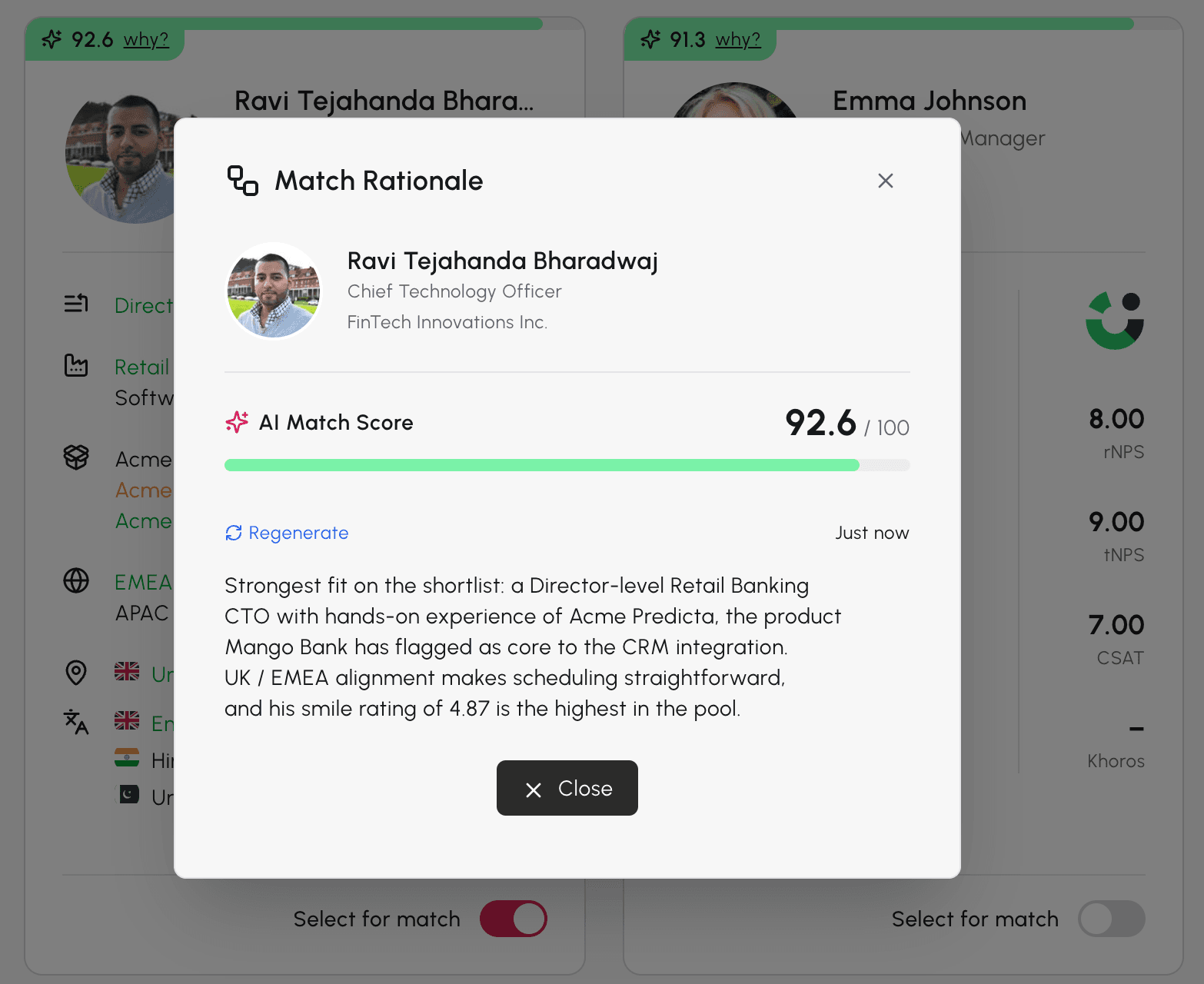 Match rationale modal showing AI match score and reasoning for a shortlisted advocate