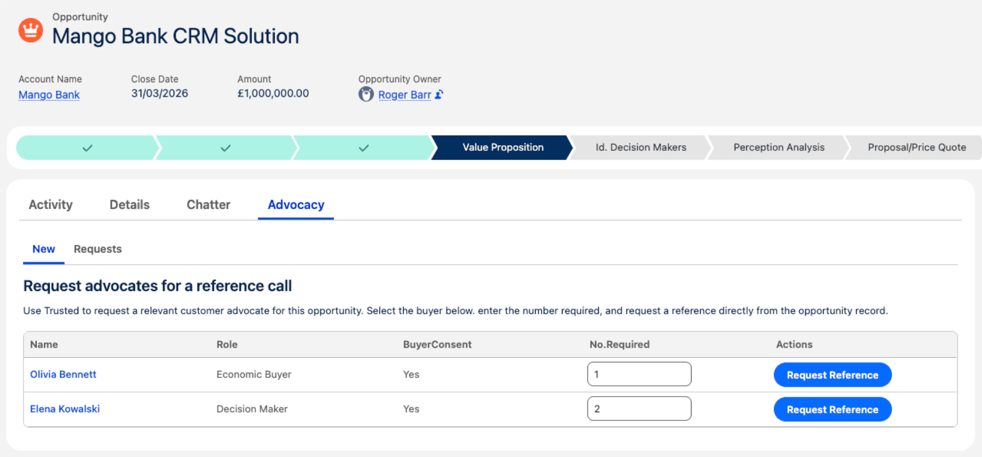 Salesforce opportunity record with the Advocacy tab open, requesting a reference for two contacts