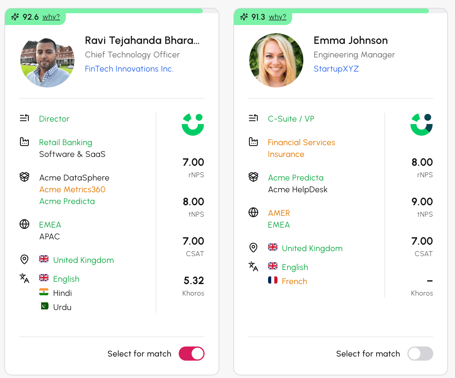 Matched advocate cards with fit score, attributes and a select-for-match toggle