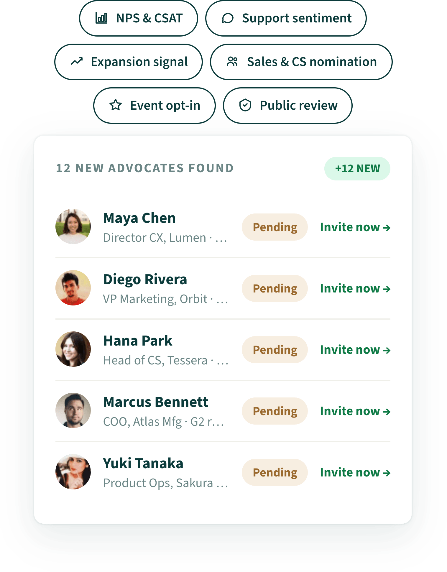 Customer signals feeding a list of newly discovered advocates