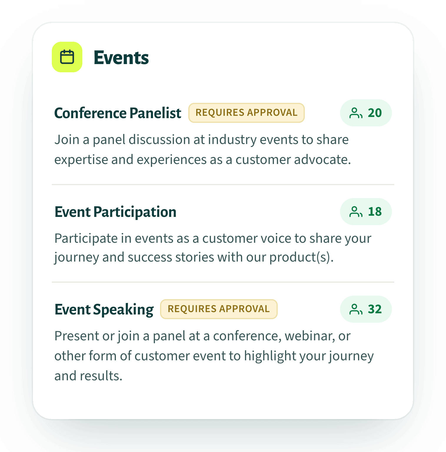 Events - acts of advocacy with approval tags and advocate counts
